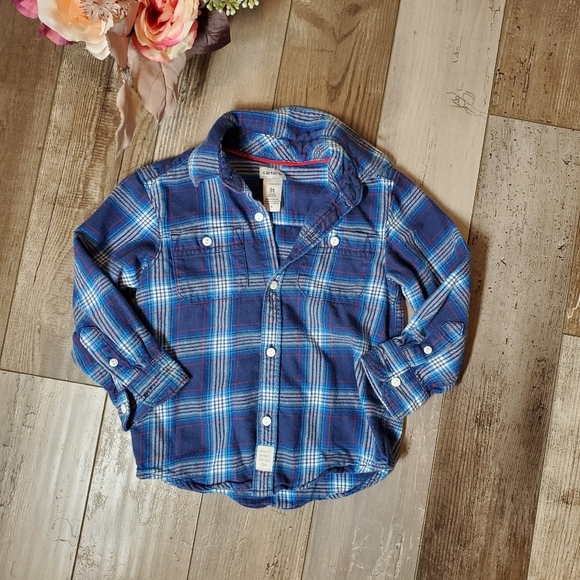 Carter's Blue Red White Plaid Flannel Button Down Shirt Toddler Boy Size 3T EUC - Picture 11 of 14